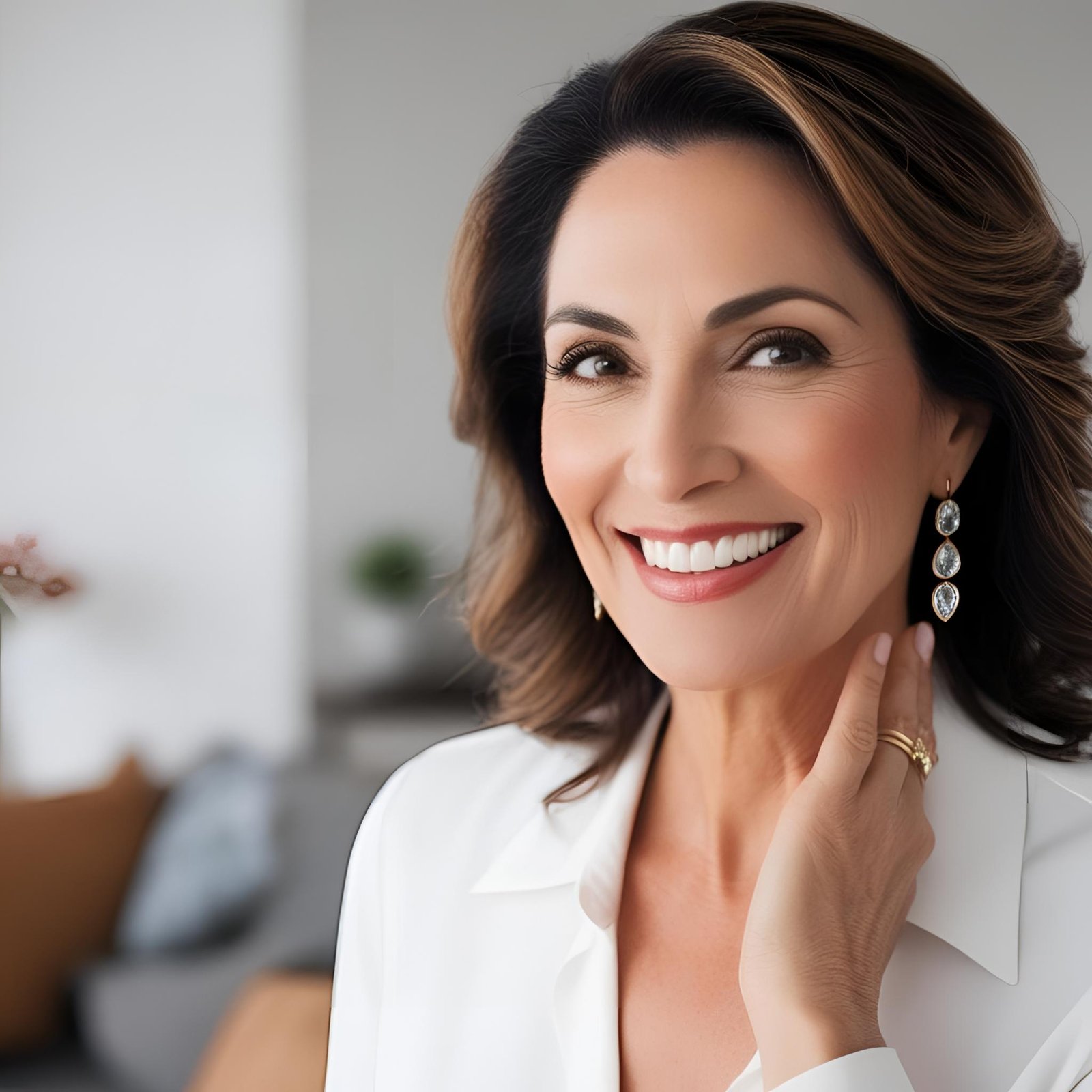 mid 40s female that can be both white yet arabic or latina with a smiley healthy face and beautiful hair